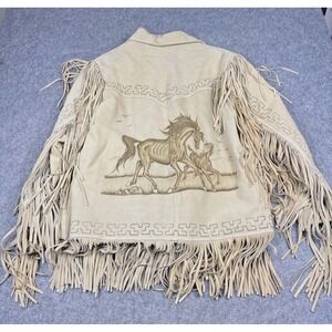 Vintage Suede Fringe Jacket Western Hand-Tooled Horse Scene 46